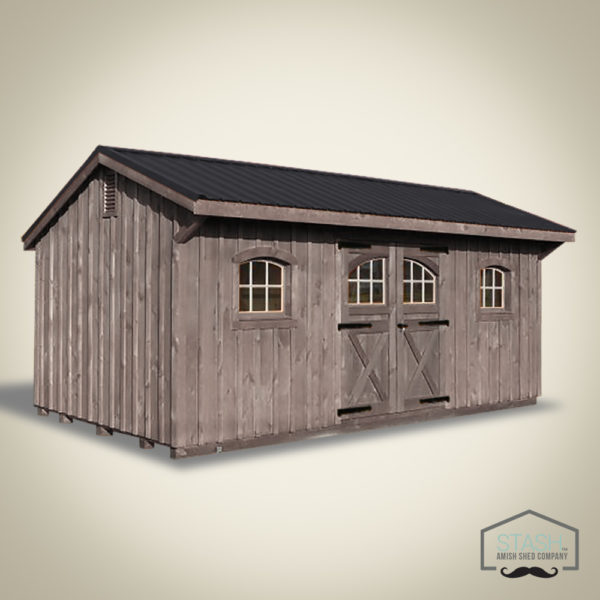 wood shed in mushroom stain with black metal roof